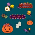 Colourful Halloween greeting card with jack o` lantern and cute halloween elements.