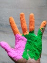 Colourful Hand during the holi festival in india