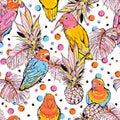 Colourful hand sketch bird with summer fruits pineapples and tropical leaves ,polka dots seamless pattern vector EPS10,Design for