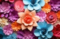 Colourful handmade paper flowers on background