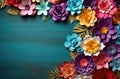 Colourful handmade paper flowers on background