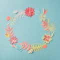 Colourful handmade tropical paper flowers and leaves on blue pastel background with copyspace, seasonal easter wreath, summer