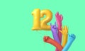 Colourful hands holding a happy 12th birthday party balloon. 3D Rendering