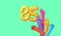 Colourful hands holding a happy 85th birthday party balloon. 3D Rendering