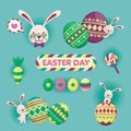 Colourful Happy Easter greeting card with rabbit, easter egg and cute stuffs.vector illustration