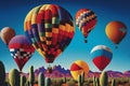 Colourful hot air balloons on blue sky background. Generative AI Royalty Free Stock Photo
