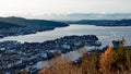 View over Bergen city and harbour from Floyen hill in Norway in Autumn Royalty Free Stock Photo