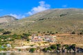 Colourful houses in holiday village on coast of Kefalonia island near Agia Efimia, Greece Royalty Free Stock Photo