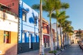 Colourful houses, palm on street Puerto de la Cruz town Tenerife Canary Islands Royalty Free Stock Photo