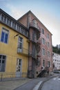 Colourful houses with spiral staircases outside Royalty Free Stock Photo