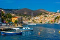 Colourful houses at waterfront of Greek island Symi