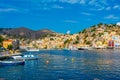 Colourful houses at waterfront of Greek island Symi