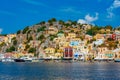 Colourful houses at waterfront of Greek island Symi