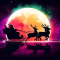 Colourful illustration of Santa Claus riding his sleigh with three reindeer with a glowing moon in the background.