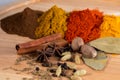 Indian curry spices on the wooden plate Royalty Free Stock Photo