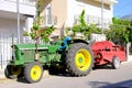 Colourful Kermit Green Diesel Tractor, Greek Rural Village Royalty Free Stock Photo