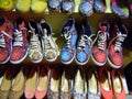 Colourful lace up trainers for sale Royalty Free Stock Photo