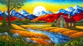 A colourful landscape with clouds, flowers, hills and mountains.