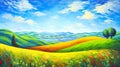 A colourful landscape with clouds, flowers, hills and mountains.