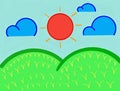 Colourful landscape illustration of mountain and sun with cloudy sky
