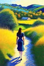 Colourful landscape oil painting with a single woman -AI generated