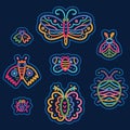 Colourful linear sketch of butterfly, dragonfly, moth, bees. Vector stickers