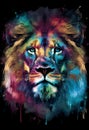 Colourful lion head portrait with the face in an abstract watercolour painting
