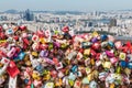 Colourful love locks at Seoul Tower with Seoul skyline in background