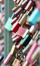 Colourful Love padlocks close-up picture on the Hohenzollern Bridge in Cologne, Germani