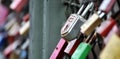 Colourful Love padlocks close-up picture on the Hohenzollern Bridge