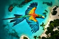 Colourful macaw parrot flying in the blue sky. AI Generative Royalty Free Stock Photo