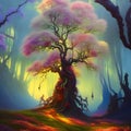 Colourful magic tree in a forest, created with AI generative tools Royalty Free Stock Photo