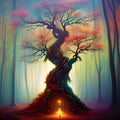 Colourful magic tree in a forest, created with AI generative tools Royalty Free Stock Photo