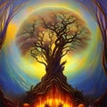 Colourful magic tree in a forest, created with AI generative tools Royalty Free Stock Photo