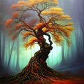 Colourful magic tree in a forest, created with AI generative tools Royalty Free Stock Photo