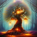 Colourful magic tree in a forest, created with AI generative tools Royalty Free Stock Photo