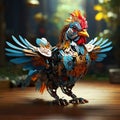 Colourful metal Robot Rooster on a wooden ground. 3D illustration.