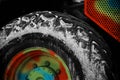 Colourful metallic rings of an old large tyre unique photo