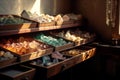 Colourful mineral stones and gems on wooden shelves of a gemstone store. Generative AI