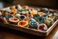 Colourful mineral stones and geodes on wooden shelves of a gemstone store. Generative AI