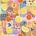 Colourful Mixed summer Fruits Illustration ,on summer striped background Holiday seamless pattern