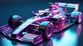 Colourful neon race car. Sleek motorsports racing car with neon lighting