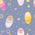 Colourful newborn seamless pattern on blue background.