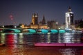 Colourful night view across the River Thames towards Westminster Bridge and The Houses of Parliament Royalty Free Stock Photo