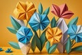 Colourful origami paper flowers on orange background, created using generative ai technology