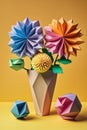 Colourful origami paper flowers on orange background, created using generative ai technology