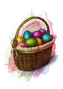 Colourful painted Easter eggs in a wicker basket, sketch Royalty Free Stock Photo