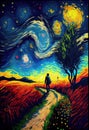 Starry night, moon, stars, wheat field landscape, background, wallpaper, generative ai