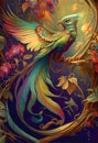 Colourful bird rainbow colors painting Mucha style