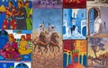 Colourful paintings on display at a gallery in the Essaouira medina in Morocco.